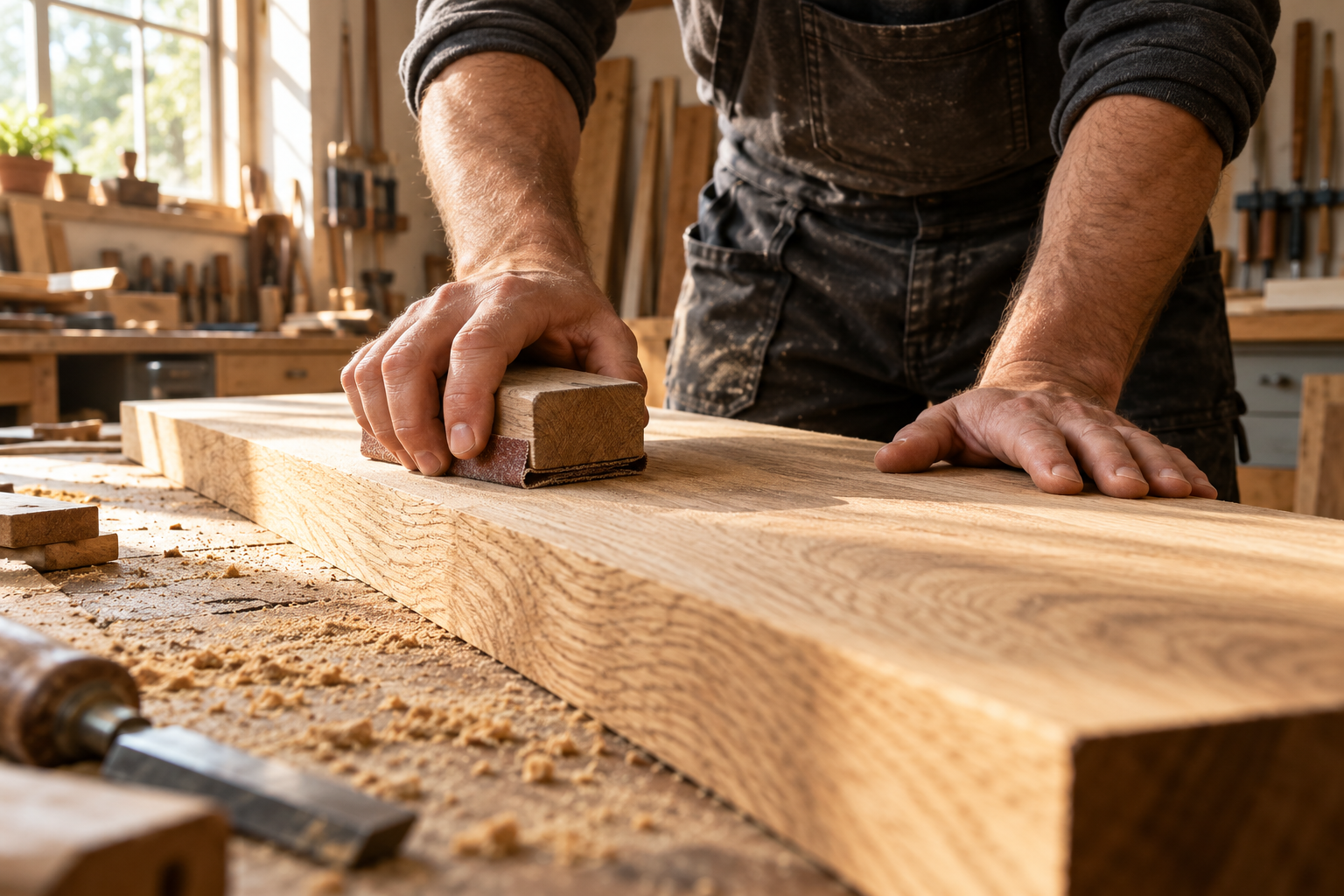 Handwerkliche Arbeit an einer Eichenplatte in einer Werkstatt